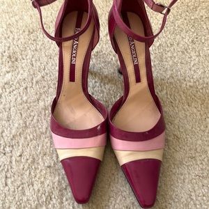 Closed toe, ankle strap heel shades of pink with nude